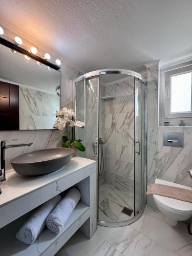 a bathroom with a glass shower and a sink at Armonia Maisonette in Pefkochori