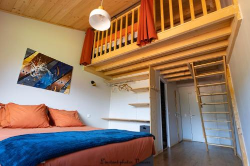 a bedroom with a loft bed and a ladder at Aux Buis Gourmands in La Chapelle-en-Vercors