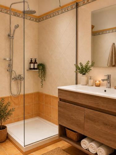 a bathroom with a shower and a sink at Kaloudis Studios & Apartments in Dassia