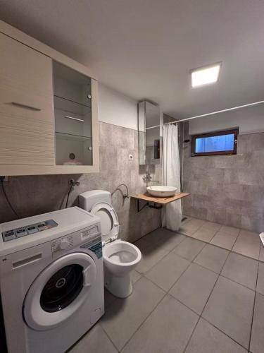 a bathroom with a washing machine and a toilet at Traumhaus in Küssaberg