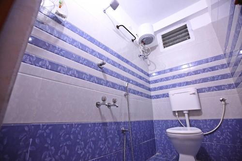 a bathroom with a toilet with blue and white stripes at De Majestic SSK Paradise Beach Villa in Pondicherry