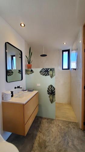 a bathroom with a sink and a mirror at Pitaya Guest Suite in El Pescadero