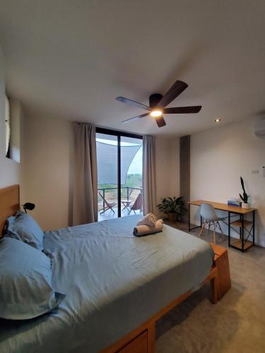 a bedroom with a bed with a ceiling fan at Pitaya Guest Suite in El Pescadero