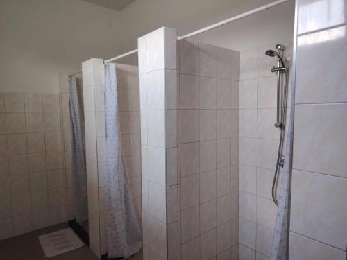 a bathroom with a shower with a shower curtain at Hostel Drahonice in Drahonice
