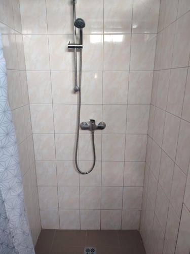 a shower with a hose in a white tiled bathroom at Hostel Drahonice in Drahonice