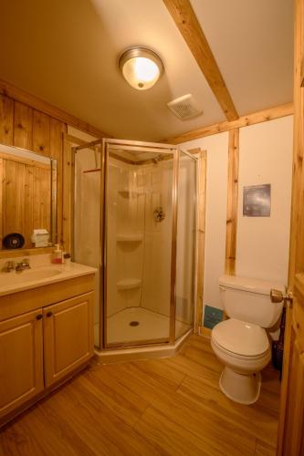 a bathroom with a shower and a toilet and a sink at HI Kananaskis Wilderness - Hostel in Kananaskis Village