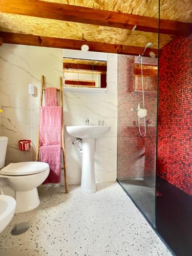 a bathroom with a sink and a toilet and a shower at Cosy Tiny House Centro Vila Real in Vila Real