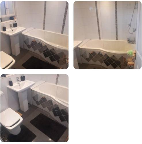 three pictures of a bathroom with a toilet and a bath tub at Divis street guest house in Belfast