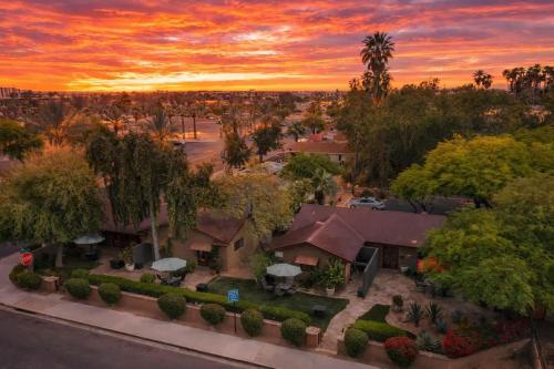 an aerial view of a house with a sunset at Rhone - In Old Town - Walk to Fashion Square in Scottsdale