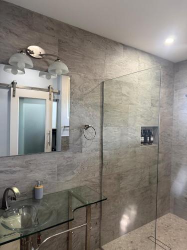 a bathroom with a glass shower and a sink at Charm New Kingston in Kingston