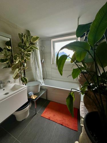 a bathroom with a tub and a sink and a window at Penthouse in Schaan in Schaan
