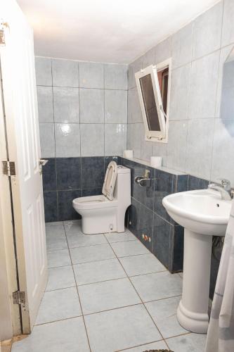 a bathroom with a toilet and a sink at Tropic Garden Hotel in Banjul