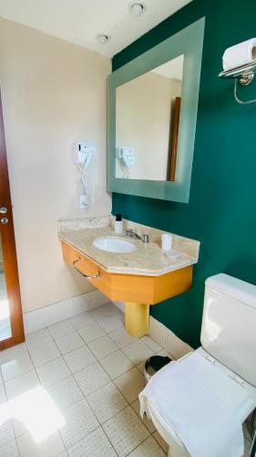 a bathroom with a sink and a mirror and a toilet at Flat Vila Olimpia Hotel Experience in São Paulo