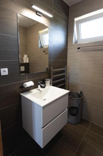 a bathroom with a white sink and a mirror at Malé Lipno 1075 in Černá v Pošumaví