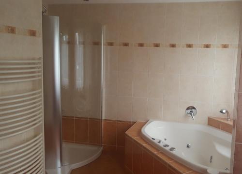 a bathroom with a tub and a shower and a sink at Ferienwohnung Helena in Markkleeberg