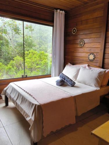 a bed in a room with a large window at Refúgio Orquídea Bambu - Lumiar in Nova Friburgo