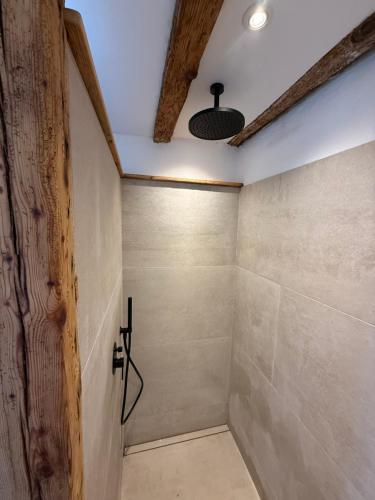 a bathroom with a shower with a ceiling at Mirca with seaview - charming stonehouse in Mirce