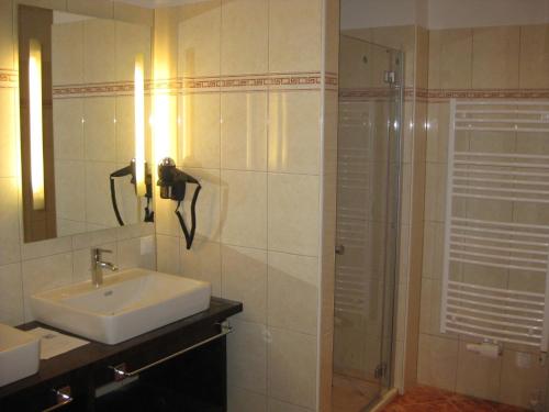 a bathroom with a sink and a shower at Gasthof Prankl in Spitz
