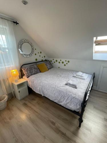 a bedroom with a bed and a mirror on the wall at Wild Atlantic View in Walshestown