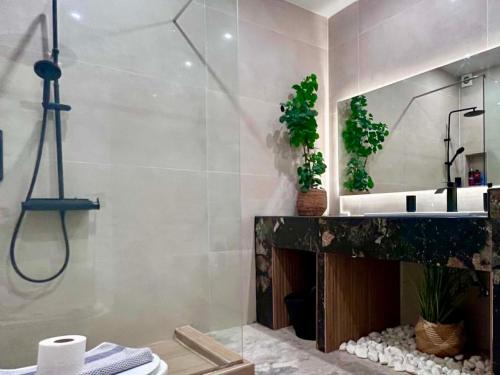 a bathroom with a shower and a sink and a mirror at Stone Luxury Suite in Galatás