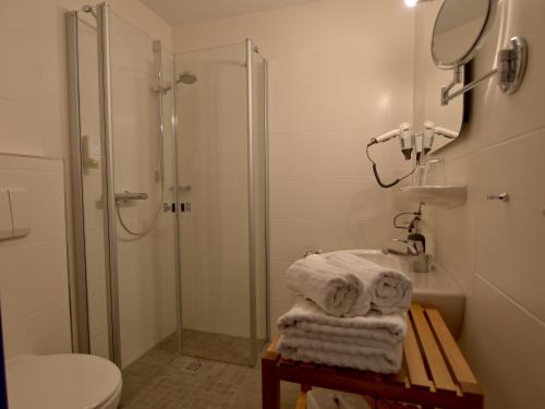 a bathroom with a shower and a sink and a toilet at Hotel Friesische Wehde in Bockhorn