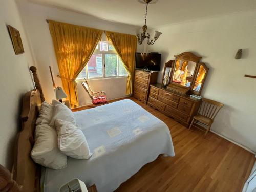 a bedroom with a bed and a dresser and a mirror at Alma Roma, Hogar con Alma, B&B in Mexico City