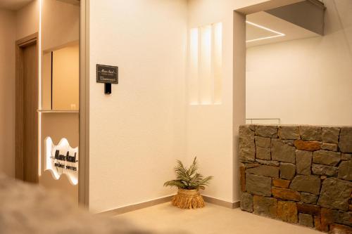 a hallway with a stone wall and a potted plant at MarAzul Luxury Suites in Flogita
