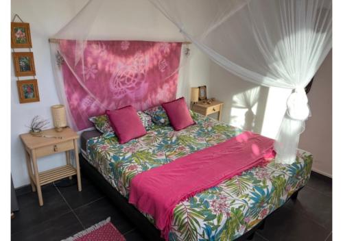 a bedroom with a bed with a pink canopy at Gite La Tortue Bleue piscine & Malendure in Bouillante
