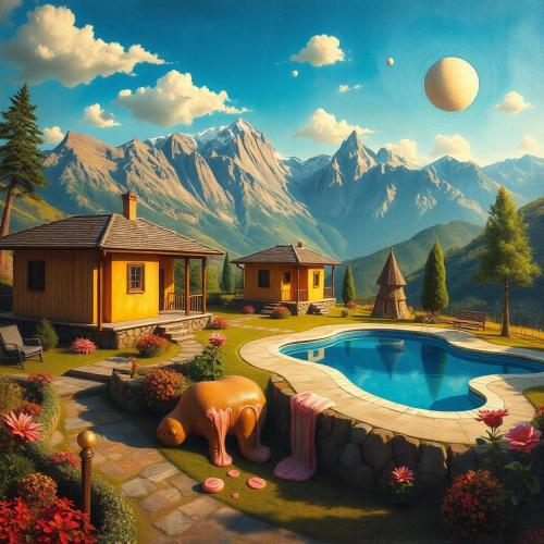 a painting of a house and a swimming pool at Pinkanta in Las Compuertas