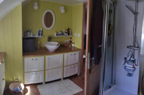 a bathroom with a sink and a shower at Un gîte paisible et frais, piscine à 3 mins in Le Monteil