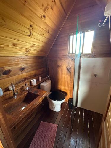 a wooden bathroom with a toilet and a sink at Chalé e Cabana Taubate in Taubaté