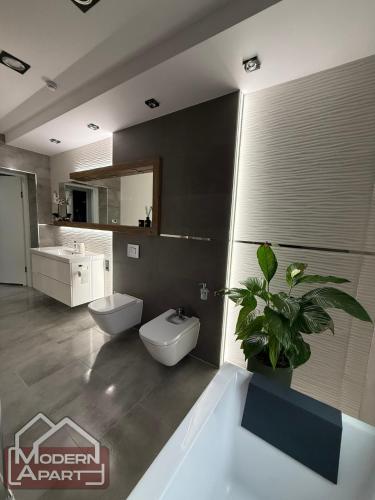 a bathroom with two toilets and a sink and a plant at Modern Apart in Wałbrzych