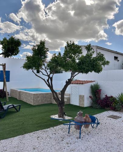 a yard with a tree and a swimming pool at A Casa Azul in Vaiamonte