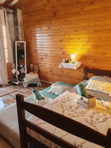 a bedroom with two beds in a wooden wall at Pieza con vista al mar in La Serena