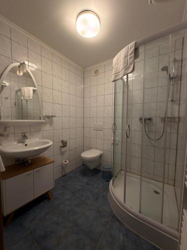 a bathroom with a shower and a sink and a toilet at Gasthaus Goldener Anker in Gemünden