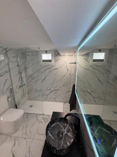 a bathroom with a shower and a toilet and a sink at Casa Tul Studio Apartment in Maspalomas