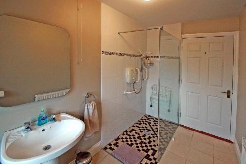 a bathroom with a sink and a shower with a glass door at 4 Bed in Beara oc-i437 in Adrigole