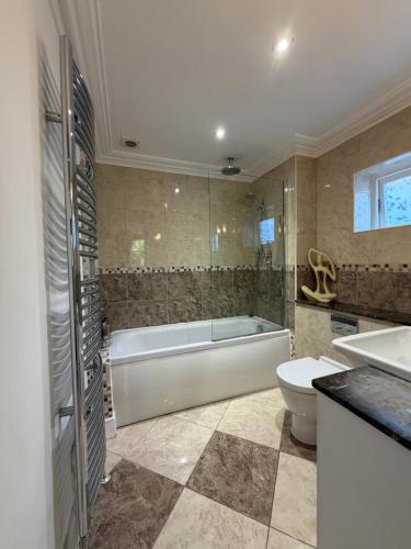 a bathroom with a tub and a toilet and a sink at The Ayrlington Guesthouse in Bath
