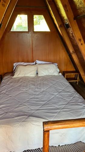 a bed in a wooden cabin with two windows at Tierra Viva By Astrid in Cucunubá