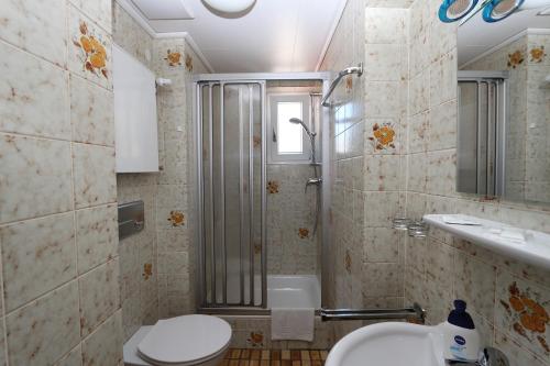 a bathroom with a shower and a toilet and a sink at Gästehaus Am Römerbad in Zell an der Mosel