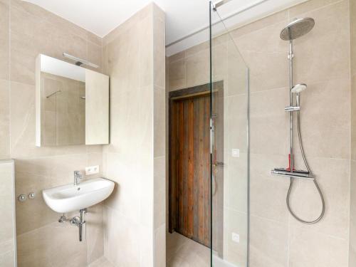 a bathroom with a sink and a shower at Floribert in Nieuwpoort-Bad