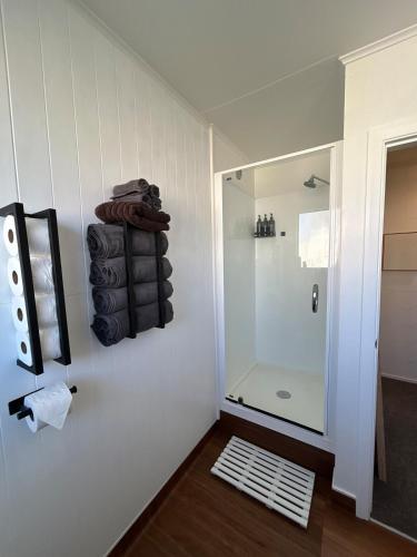 a bathroom with a shower and a glass door at Central Nelson Townhouse in Nelson