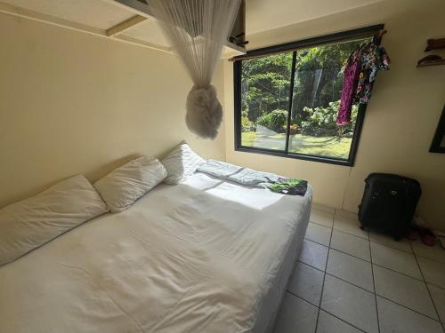 a white bed in a room with a window at Mama Cat's Accommodation in Avarua