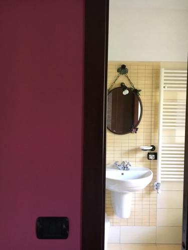 a bathroom with a white sink and a mirror at Masseria Monte Pizzi in Carovilli