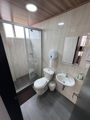a bathroom with a toilet and a shower and a sink at Tauko Tú Casa in Paipa