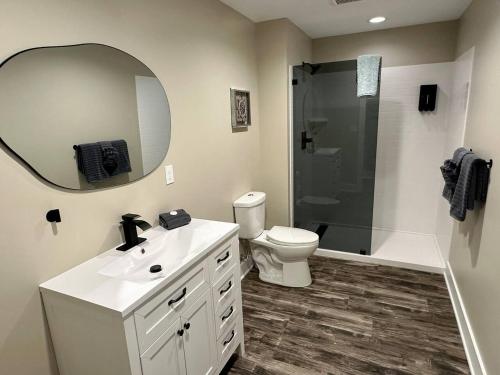 a bathroom with a toilet and a sink and a shower at Harbor Hideaway Suite - River Rock Inn in Bellevue