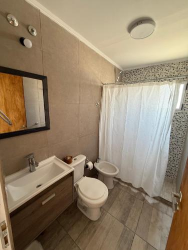 a bathroom with a white toilet and a sink at Las Magnolias CABAÑAS in Salta