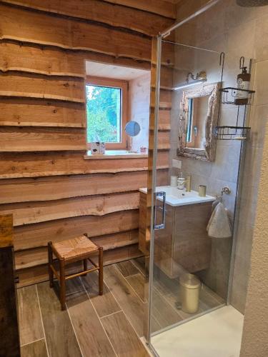 a bathroom with a glass shower and a sink at La R'mise de Surcey in Alaise