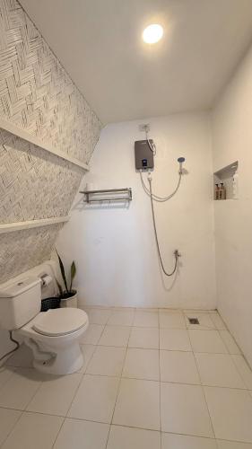 a bathroom with a toilet and a shower at Cabin Corazon in Coron