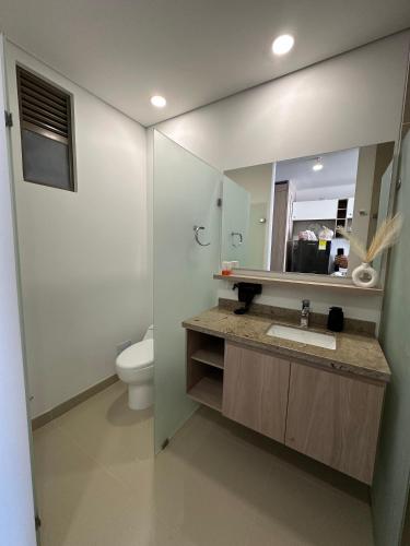 a bathroom with a sink and a toilet and a mirror at Apartamento tipo Loft in Gaira
